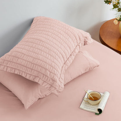 Seersucker Pink King Size Comforter Set, 7-Piece All Season Lightweight Bed in a Bag Bedding Set with Comforter, Flat Sheet, Fitted Sheet, Pillowcases and Shams