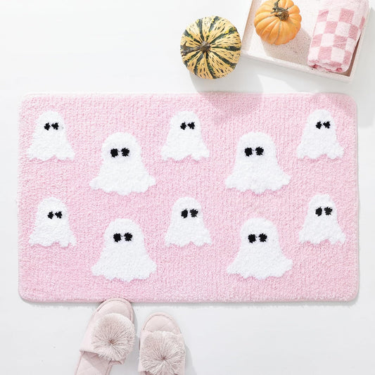Halloween Ghost Bathroom Rug, Cute Tufted Bath Mat, Pink