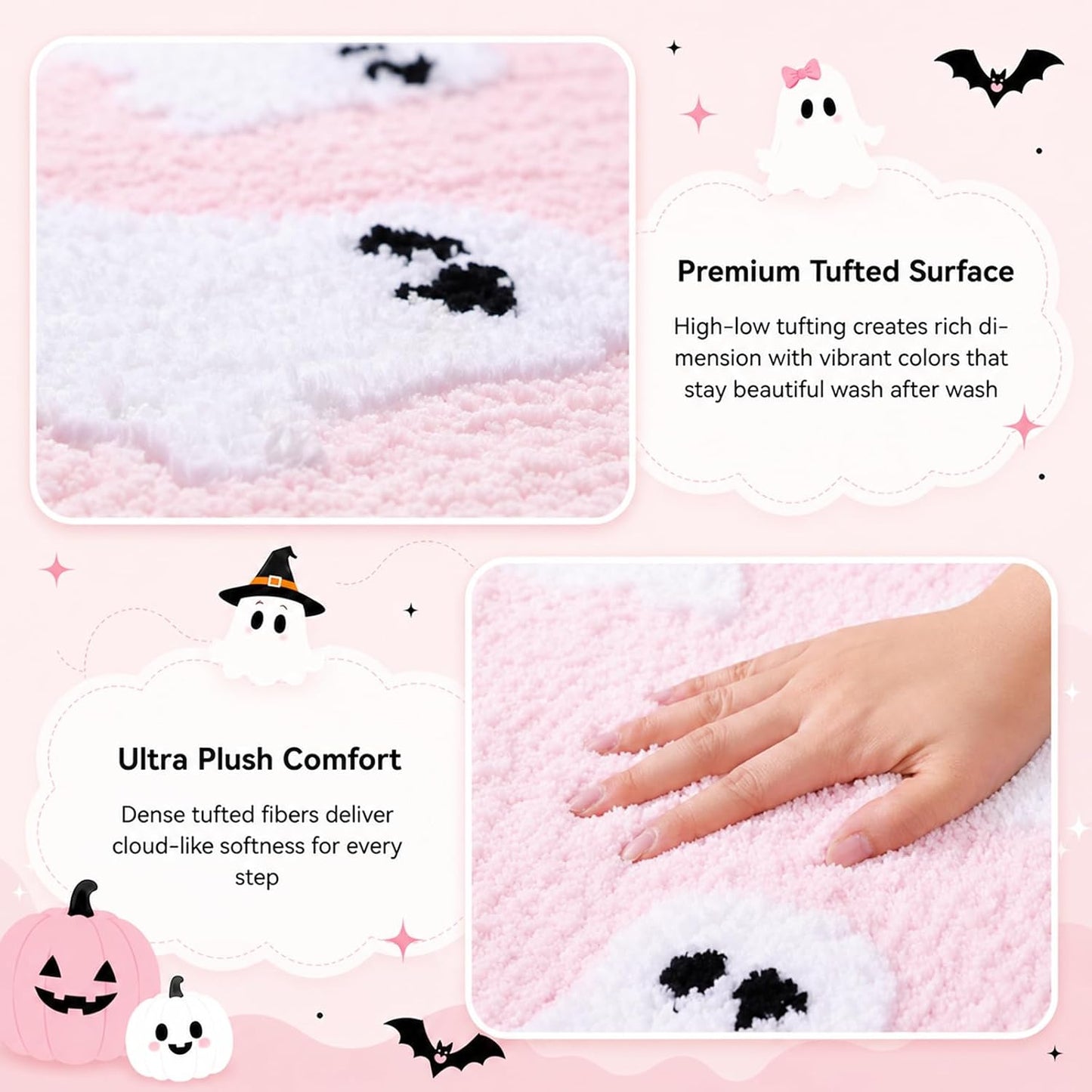 Halloween Ghost Bathroom Rug, Cute Tufted Bath Mat, Pink