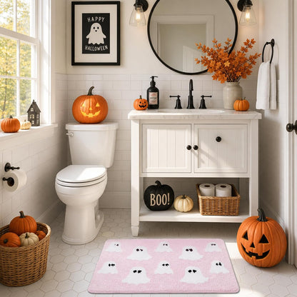 Halloween Ghost Bathroom Rug, Cute Tufted Bath Mat, Pink