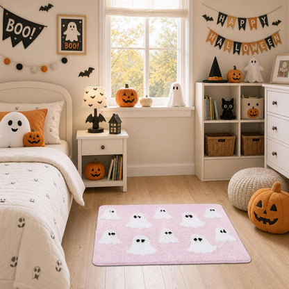 Halloween Ghost Bathroom Rug, Cute Tufted Bath Mat, Pink