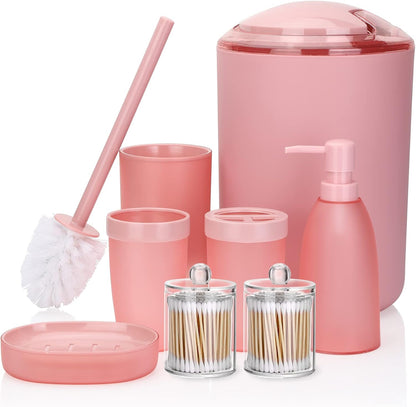 Bathroom Accessory Set 8 Pcs Pink Bathroom Accessories Set Bathroom Set with Trash Can Soap Dispenser Toothbrush Holder Tumbler Soap Dish Toilet Brush Holder Qtip Holder (Pink)