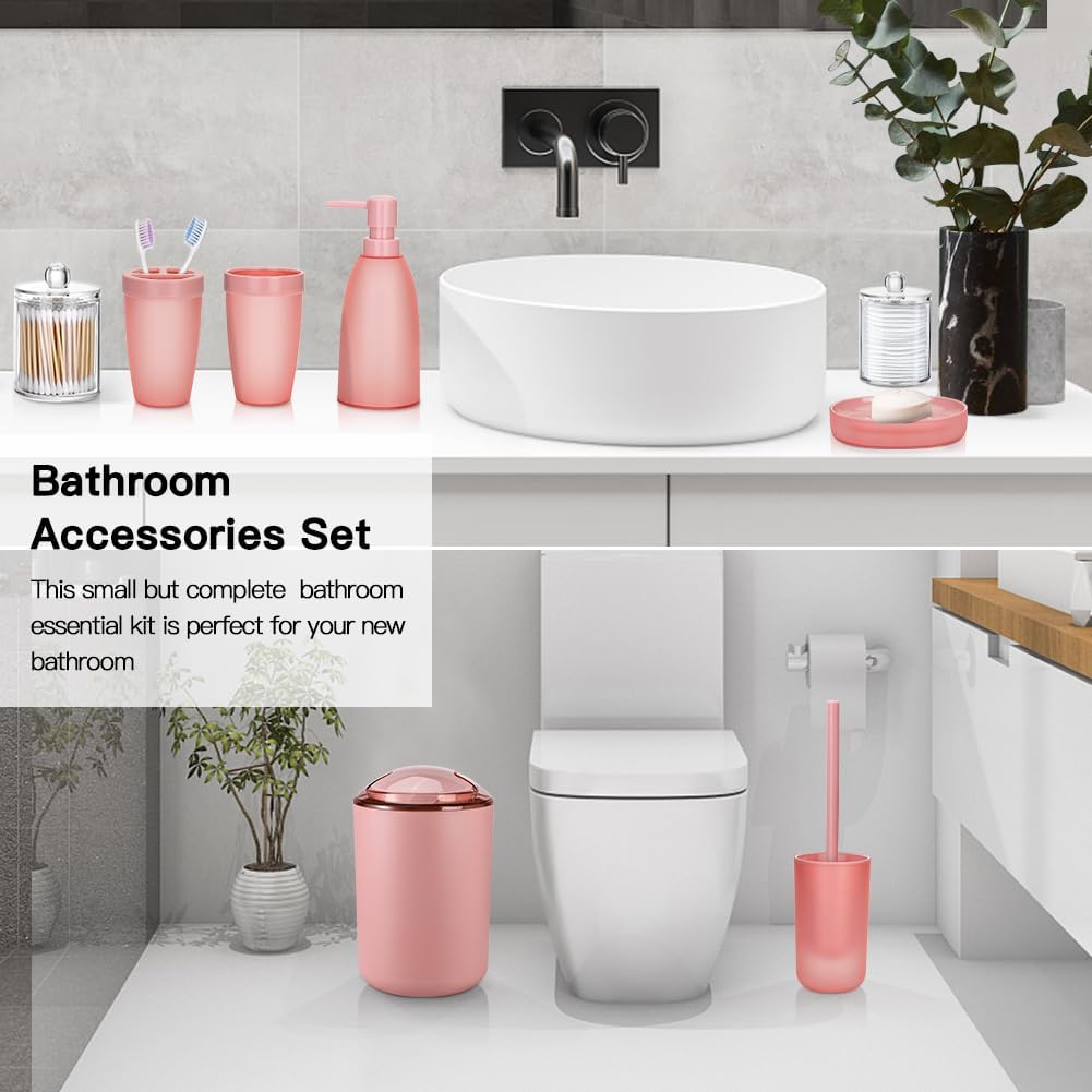Bathroom Accessory Set 8 Pcs Pink Bathroom Accessories Set Bathroom Set with Trash Can Soap Dispenser Toothbrush Holder Tumbler Soap Dish Toilet Brush Holder Qtip Holder (Pink)