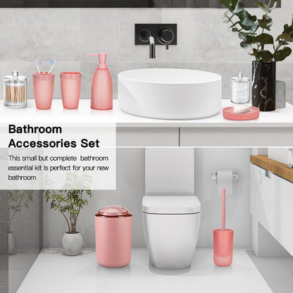 Bathroom Accessory Set 8 Pcs Pink Bathroom Accessories Set Bathroom Set with Trash Can Soap Dispenser Toothbrush Holder Tumbler Soap Dish Toilet Brush Holder Qtip Holder (Pink)