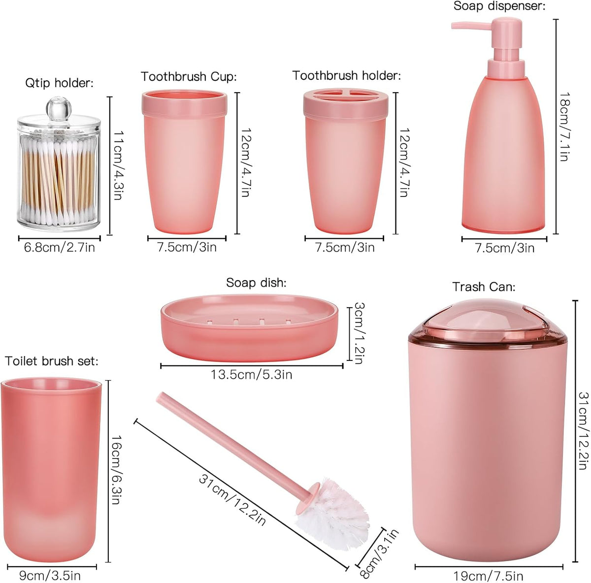 Bathroom Accessory Set 8 Pcs Pink Bathroom Accessories Set Bathroom Set with Trash Can Soap Dispenser Toothbrush Holder Tumbler Soap Dish Toilet Brush Holder Qtip Holder (Pink)