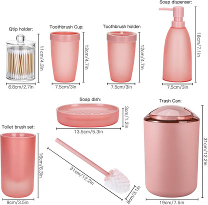 Bathroom Accessory Set 8 Pcs Pink Bathroom Accessories Set Bathroom Set with Trash Can Soap Dispenser Toothbrush Holder Tumbler Soap Dish Toilet Brush Holder Qtip Holder (Pink)