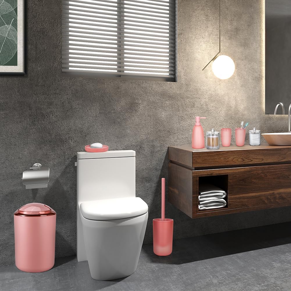 Bathroom Accessory Set 8 Pcs Pink Bathroom Accessories Set Bathroom Set with Trash Can Soap Dispenser Toothbrush Holder Tumbler Soap Dish Toilet Brush Holder Qtip Holder (Pink)