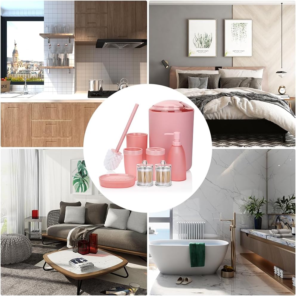 Bathroom Accessory Set 8 Pcs Pink Bathroom Accessories Set Bathroom Set with Trash Can Soap Dispenser Toothbrush Holder Tumbler Soap Dish Toilet Brush Holder Qtip Holder (Pink)