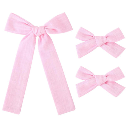 Light Pink Cotton Linen Hair Bows 2 Sizes 5"&3.5" Soft Hair Bow set for Toddler Girls Long Ponytail Knot Bows Alligator Clip Hair Accessories for Little School Girls (Light Pink)