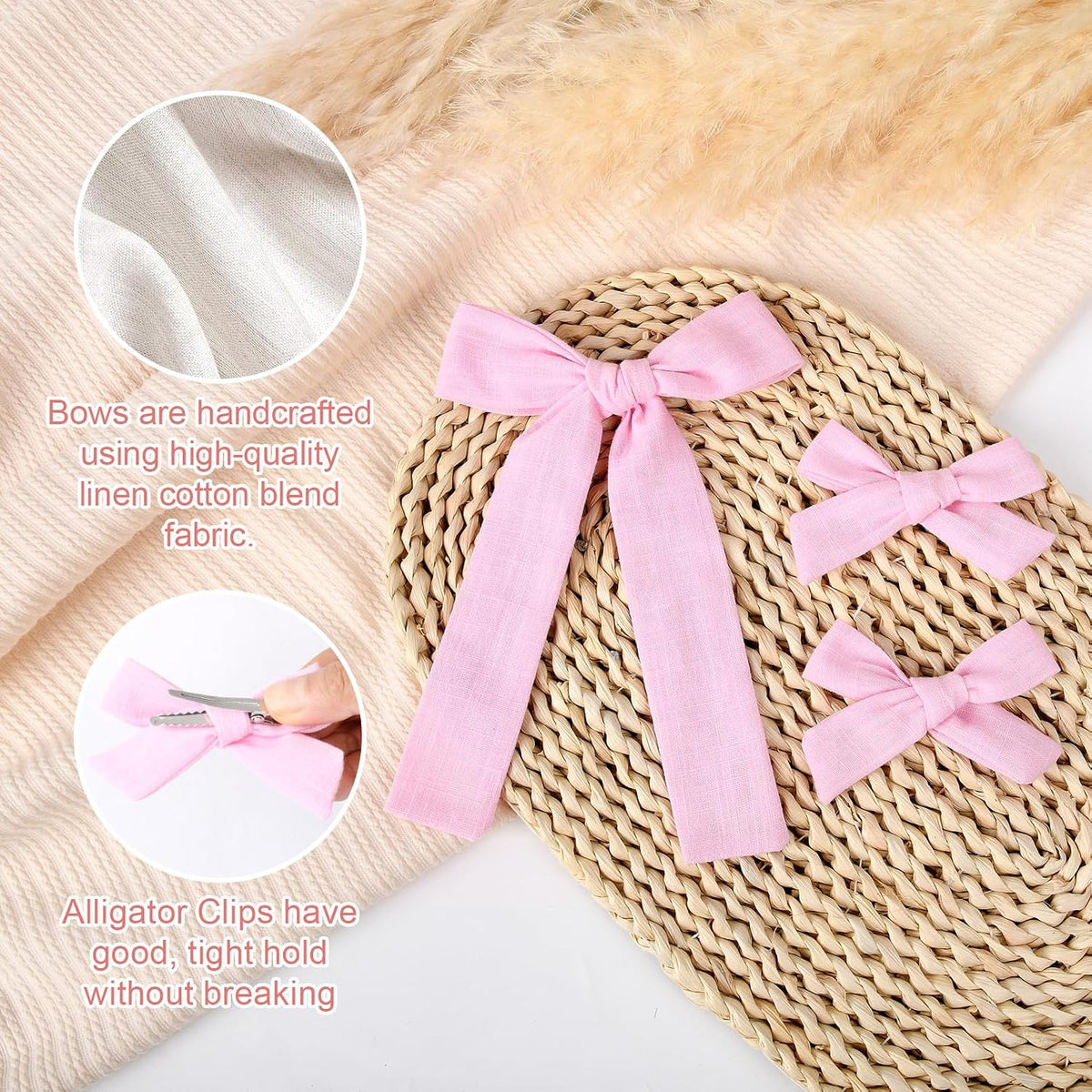 Light Pink Cotton Linen Hair Bows 2 Sizes 5"&3.5" Soft Hair Bow set for Toddler Girls Long Ponytail Knot Bows Alligator Clip Hair Accessories for Little School Girls (Light Pink)