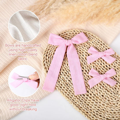 Light Pink Cotton Linen Hair Bows 2 Sizes 5"&3.5" Soft Hair Bow set for Toddler Girls Long Ponytail Knot Bows Alligator Clip Hair Accessories for Little School Girls (Light Pink)