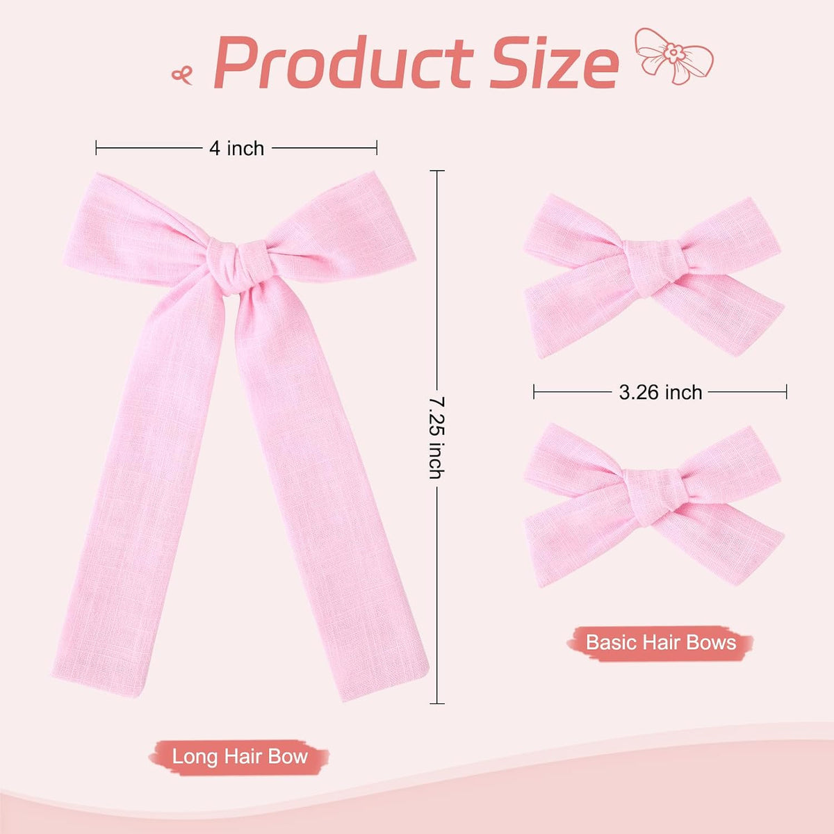 Light Pink Cotton Linen Hair Bows 2 Sizes 5"&3.5" Soft Hair Bow set for Toddler Girls Long Ponytail Knot Bows Alligator Clip Hair Accessories for Little School Girls (Light Pink)