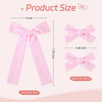 Light Pink Cotton Linen Hair Bows 2 Sizes 5"&3.5" Soft Hair Bow set for Toddler Girls Long Ponytail Knot Bows Alligator Clip Hair Accessories for Little School Girls (Light Pink)