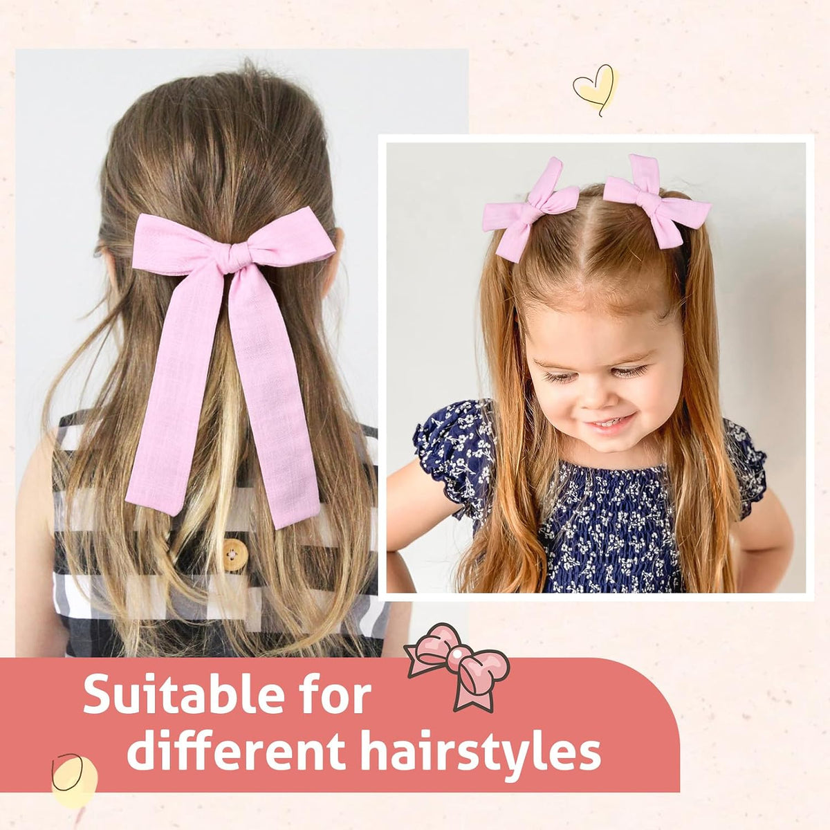 Light Pink Cotton Linen Hair Bows 2 Sizes 5"&3.5" Soft Hair Bow set for Toddler Girls Long Ponytail Knot Bows Alligator Clip Hair Accessories for Little School Girls (Light Pink)