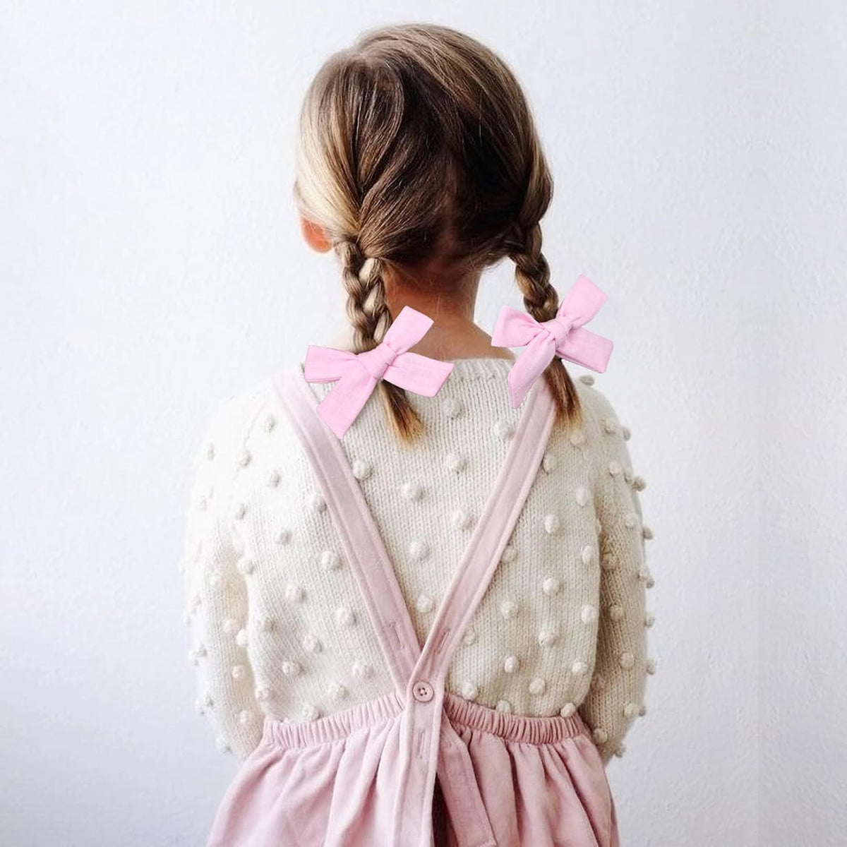 Light Pink Cotton Linen Hair Bows 2 Sizes 5"&3.5" Soft Hair Bow set for Toddler Girls Long Ponytail Knot Bows Alligator Clip Hair Accessories for Little School Girls (Light Pink)