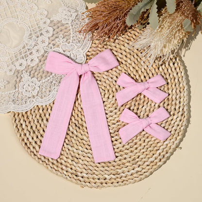 Light Pink Cotton Linen Hair Bows 2 Sizes 5"&3.5" Soft Hair Bow set for Toddler Girls Long Ponytail Knot Bows Alligator Clip Hair Accessories for Little School Girls (Light Pink)
