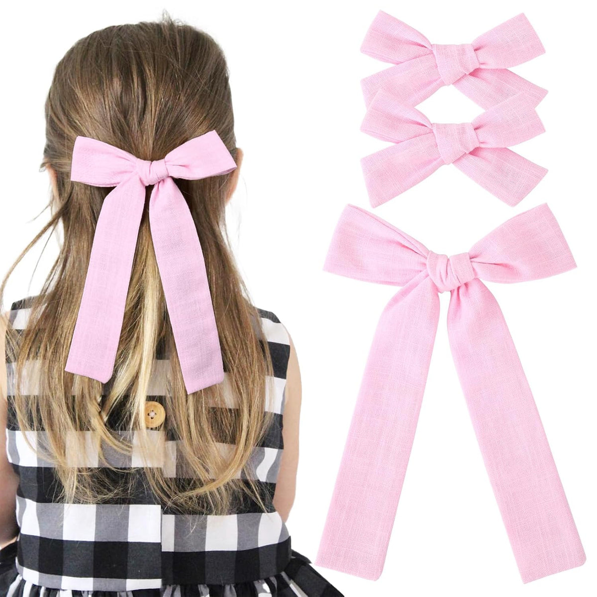 Light Pink Cotton Linen Hair Bows 2 Sizes 5"&3.5" Soft Hair Bow set for Toddler Girls Long Ponytail Knot Bows Alligator Clip Hair Accessories for Little School Girls (Light Pink)