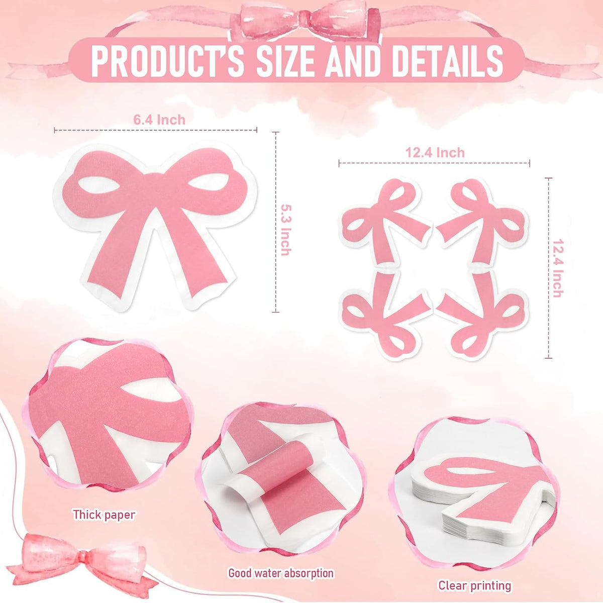 Bow Napkins, Pink Bow Party Napkins for Birthday Baby Shower Dinner Dessert, Cute, 6.4 x 5.3 Inches, 40 Count