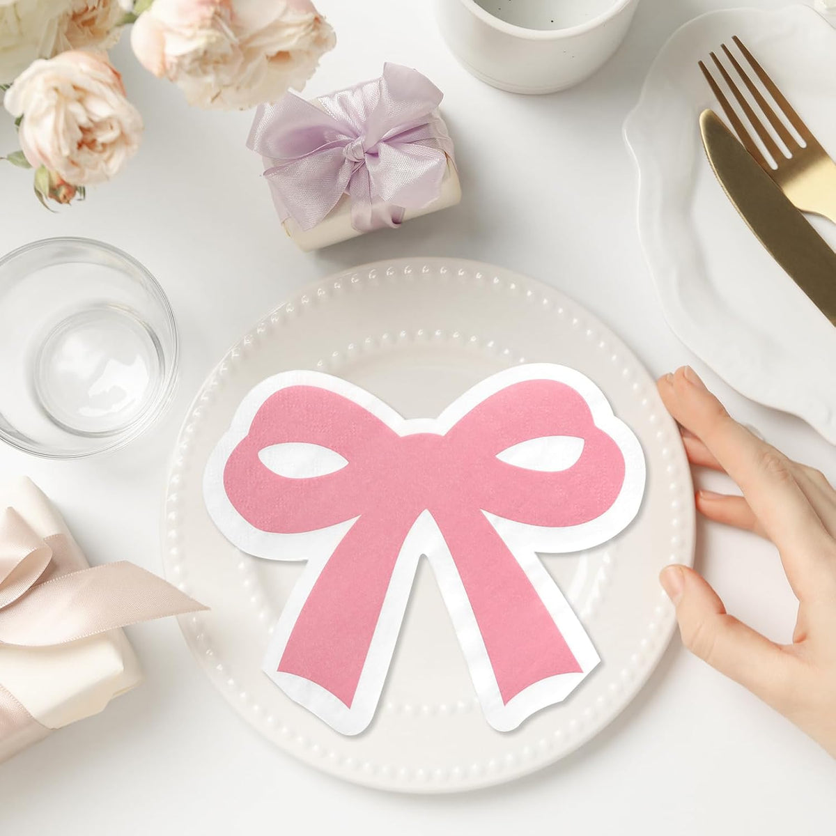 Bow Napkins, Pink Bow Party Napkins for Birthday Baby Shower Dinner Dessert, Cute, 6.4 x 5.3 Inches, 40 Count