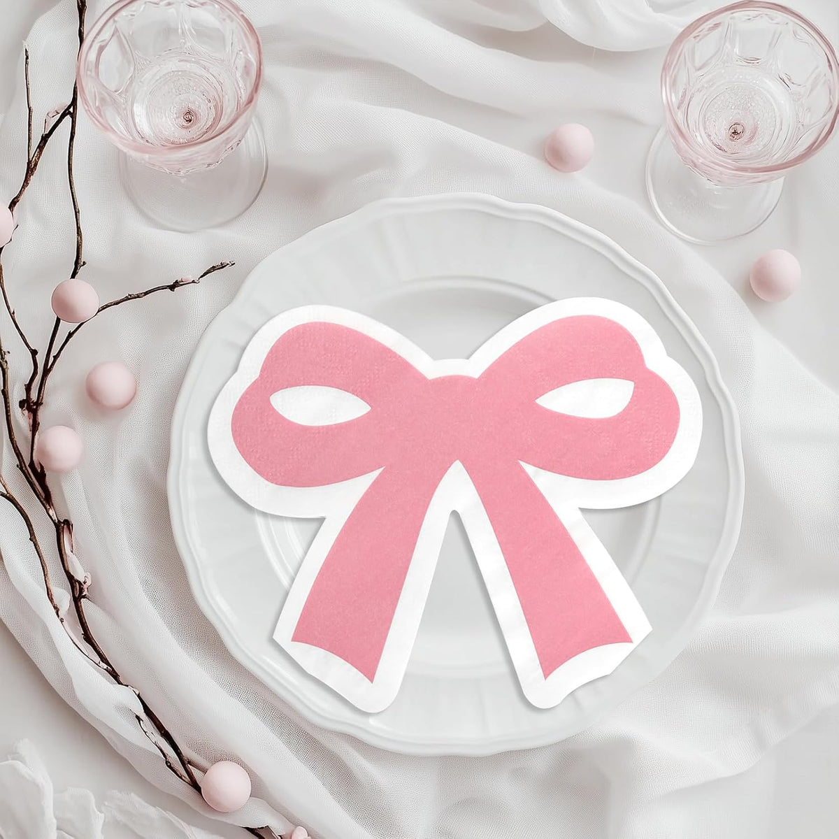Bow Napkins, Pink Bow Party Napkins for Birthday Baby Shower Dinner Dessert, Cute, 6.4 x 5.3 Inches, 40 Count