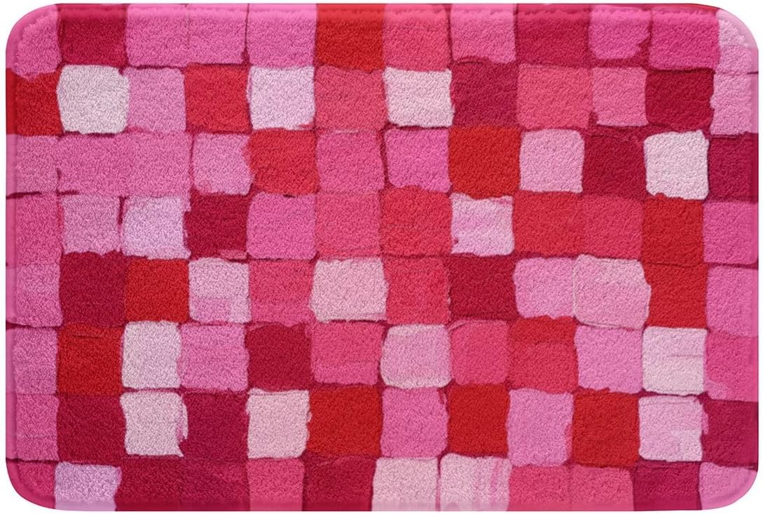Checkered Bathroom Rugs Pink Plaid Bath Mats Microfiber Abstract Bathroom Accessories Geometric Floor Doormats Non-Slip 16"x24" Soft