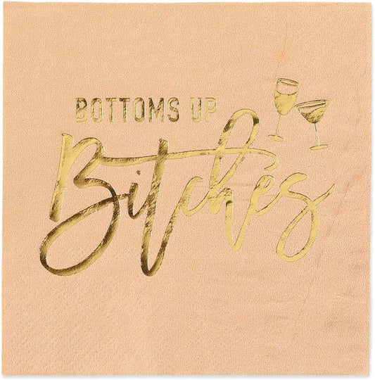 Masterpiece Bottoms Up Beverage Napkins / 50 Pink Girls Weekend Cocktail Napkins With Shiny Gold Foil Accents / 4 3/4" x 4 3/4" Square Snarky Ladies Party 3 Ply Coral Peach Napkin