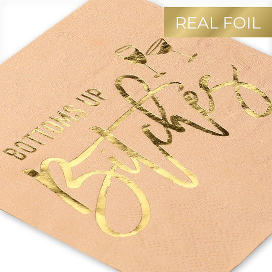 Masterpiece Bottoms Up Beverage Napkins / 50 Pink Girls Weekend Cocktail Napkins With Shiny Gold Foil Accents / 4 3/4" x 4 3/4" Square Snarky Ladies Party 3 Ply Coral Peach Napkin