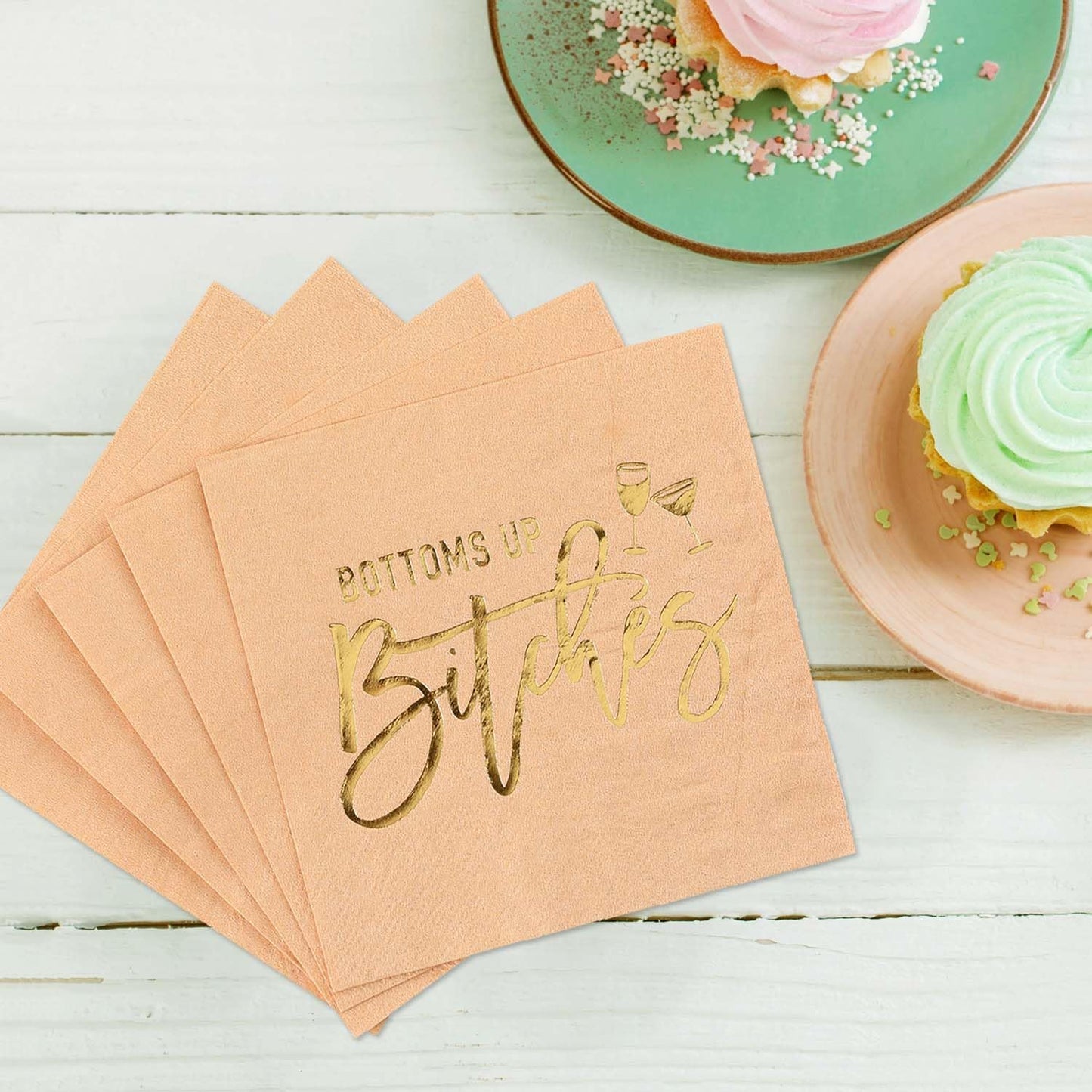Masterpiece Bottoms Up Beverage Napkins / 50 Pink Girls Weekend Cocktail Napkins With Shiny Gold Foil Accents / 4 3/4" x 4 3/4" Square Snarky Ladies Party 3 Ply Coral Peach Napkin