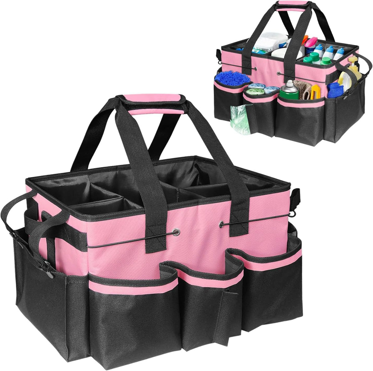 Cleaning Tool Organizer, Cleaning Supply Organizer with Handle for Cleaning Products, Large Capacity Cleaning Tote (Pink)
