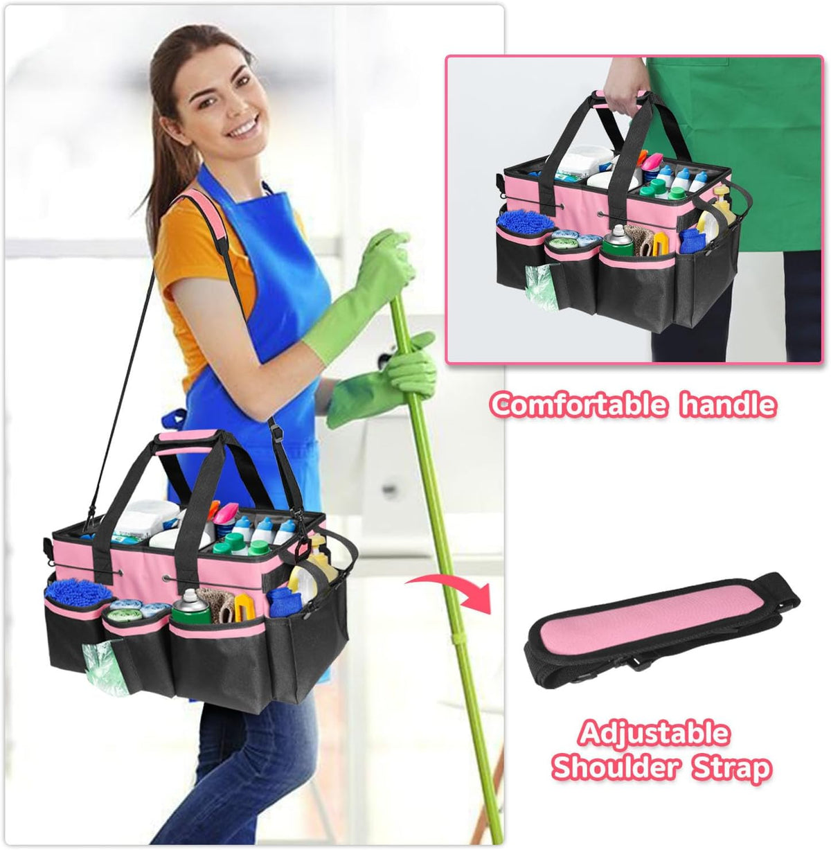 Cleaning Tool Organizer, Cleaning Supply Organizer with Handle for Cleaning Products, Large Capacity Cleaning Tote (Pink)