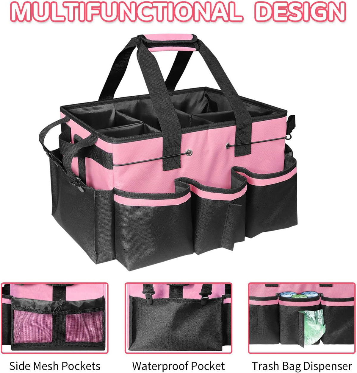 Cleaning Tool Organizer, Cleaning Supply Organizer with Handle for Cleaning Products, Large Capacity Cleaning Tote (Pink)