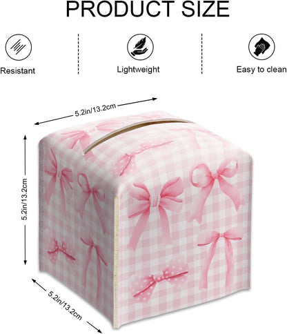 Pink Bows Tissue Box Cover Square, Leather Tissue Box Holder with Bottom Belt, Bows Home Decoration for Bathroom Vanity Countertop, Nightstands, Dining Table, Office, Car -32