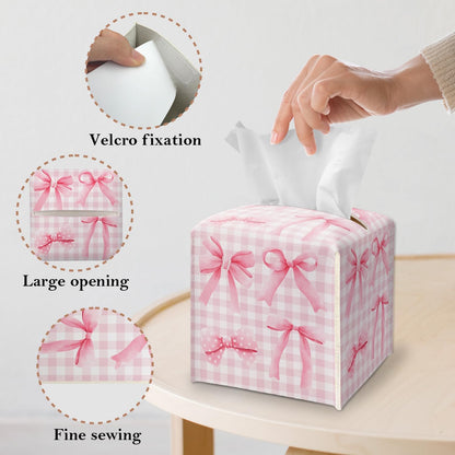 Pink Bows Tissue Box Cover Square, Leather Tissue Box Holder with Bottom Belt, Bows Home Decoration for Bathroom Vanity Countertop, Nightstands, Dining Table, Office, Car -32