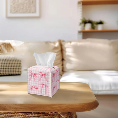 Pink Bows Tissue Box Cover Square, Leather Tissue Box Holder with Bottom Belt, Bows Home Decoration for Bathroom Vanity Countertop, Nightstands, Dining Table, Office, Car -32