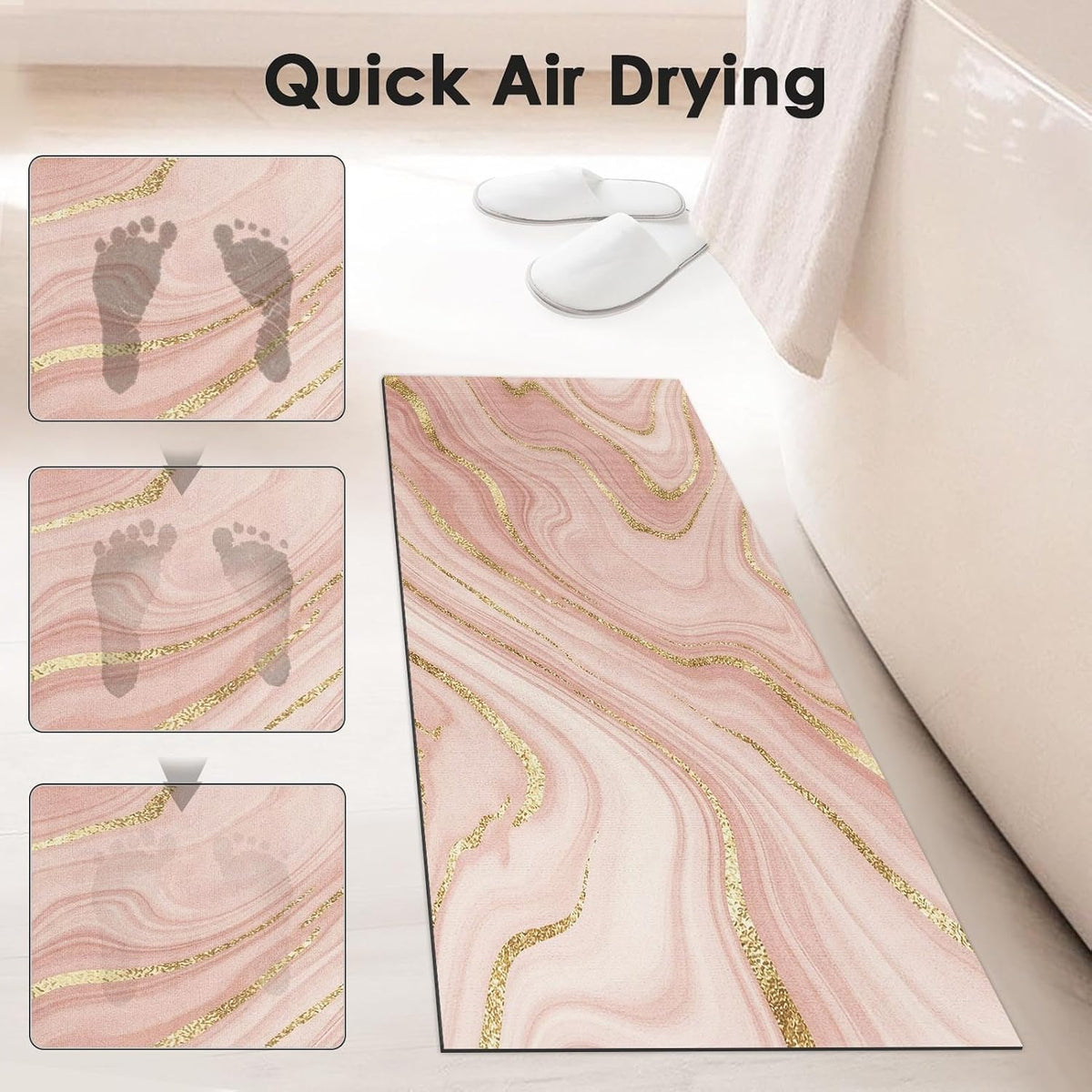 Door Mat, 17" x 30",Non Slip Rubber Back Marble Pink Gold