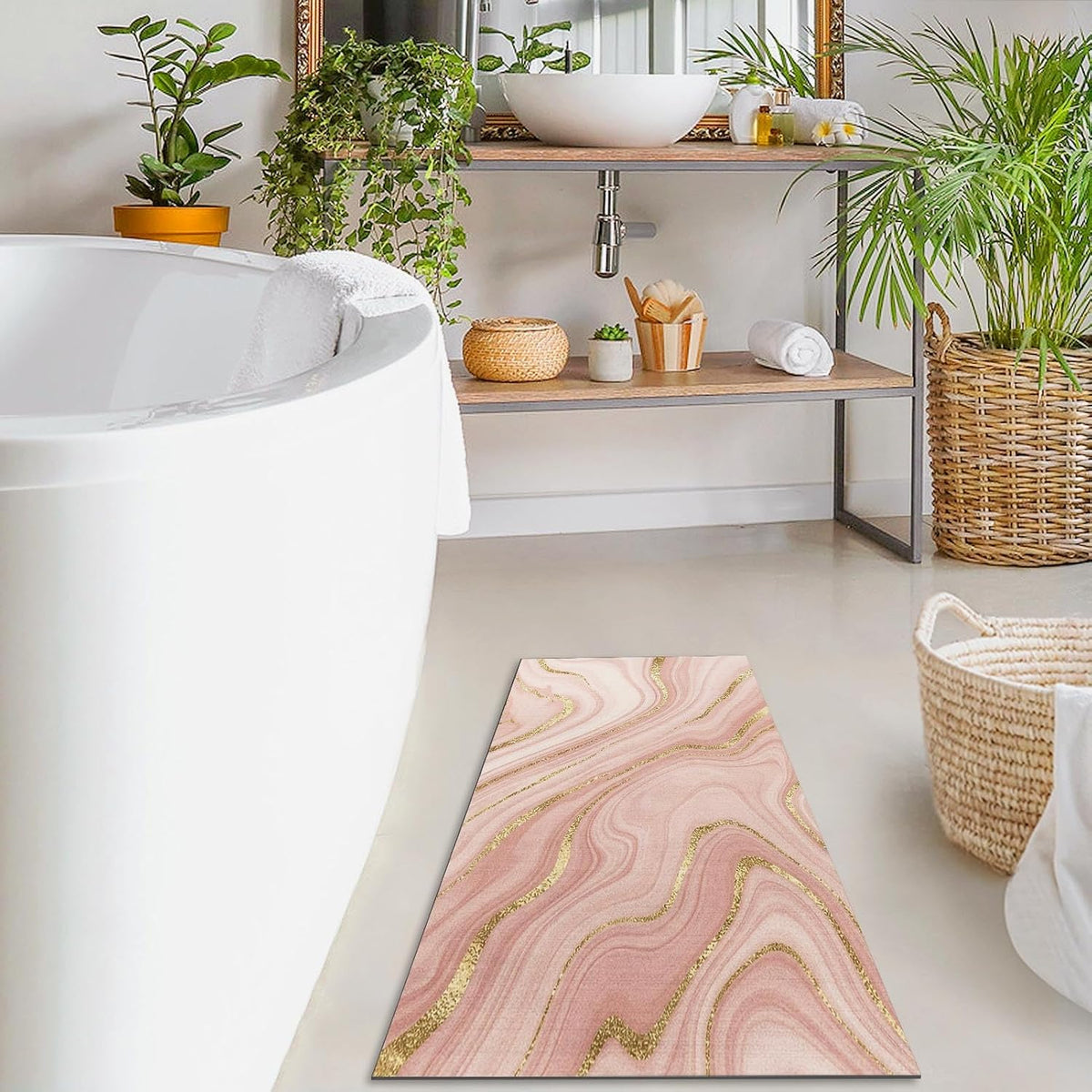 Door Mat, 17" x 30",Non Slip Rubber Back Marble Pink Gold