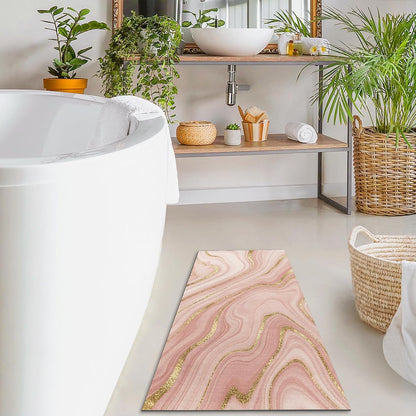 Door Mat, 17" x 30",Non Slip Rubber Back Marble Pink Gold