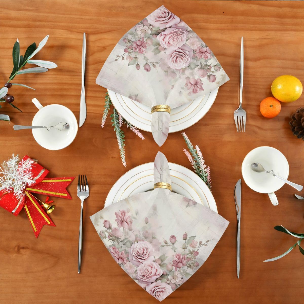 ALAZA Pink Rose Flowers (2) Cloth Napkins Dinner Napkins 1 Piece,Reusable Table Napkins Washable Polyester Fabric for Cocktail Party Holiday Wedding Home Decorative