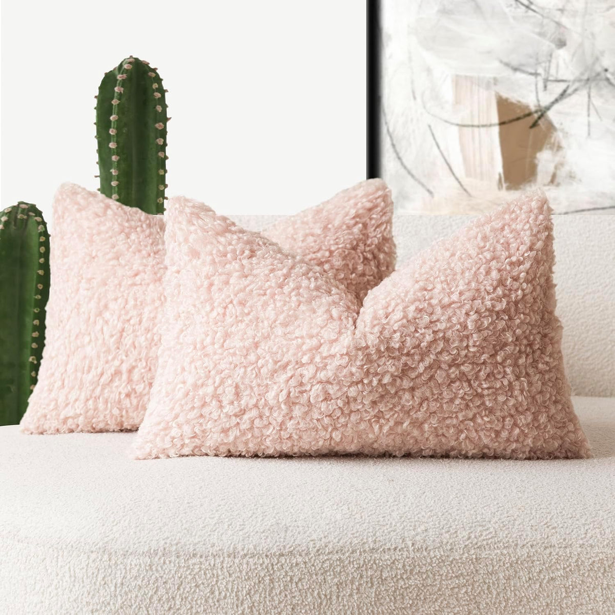 Set of 2 Curly Teddy Wool Pillow Covers Decorative Boucle Textured Lumbar Throw Pillow Faux Fur Sherpa Pillowcases Sheepskin Fuzzy Cushion Case for Sofa Bedroom Car 12"x20" Light Pink