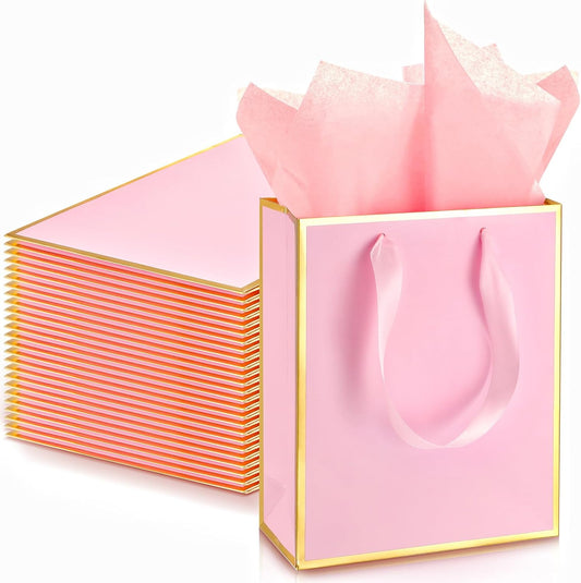 24 Pack Metallic Paper Gift Bags with Handle and Tissue 9x7x3.1 Gold Foil Welcome Thank You Favor Bags Return Gifts for Wedding Graduation Bridesmaid Groomsmen Birthday(Pink Gold)