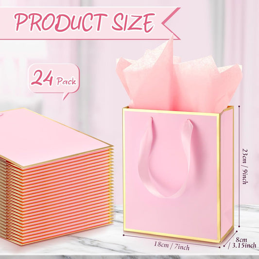 24 Pack Metallic Paper Gift Bags with Handle and Tissue 9x7x3.1 Gold Foil Welcome Thank You Favor Bags Return Gifts for Wedding Graduation Bridesmaid Groomsmen Birthday(Pink Gold)