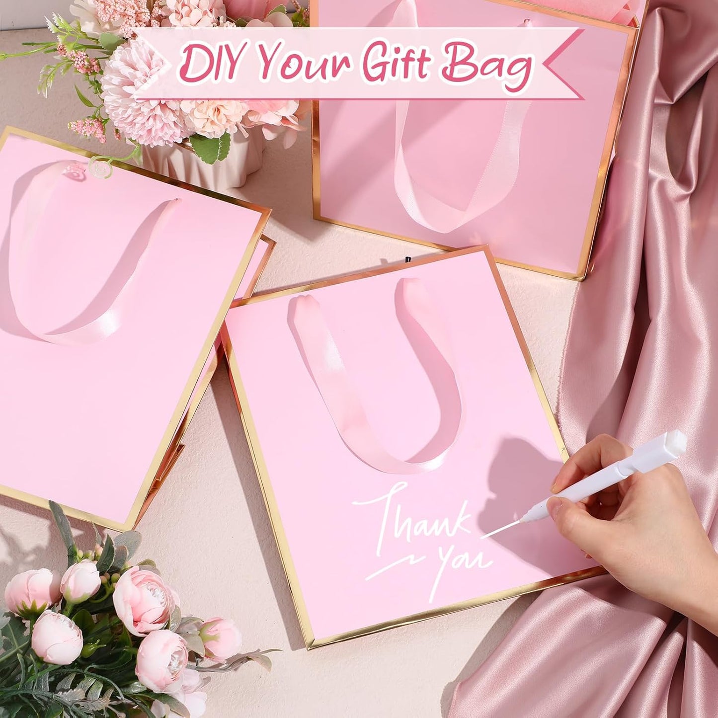 24 Pack Metallic Paper Gift Bags with Handle and Tissue 9x7x3.1 Gold Foil Welcome Thank You Favor Bags Return Gifts for Wedding Graduation Bridesmaid Groomsmen Birthday(Pink Gold)
