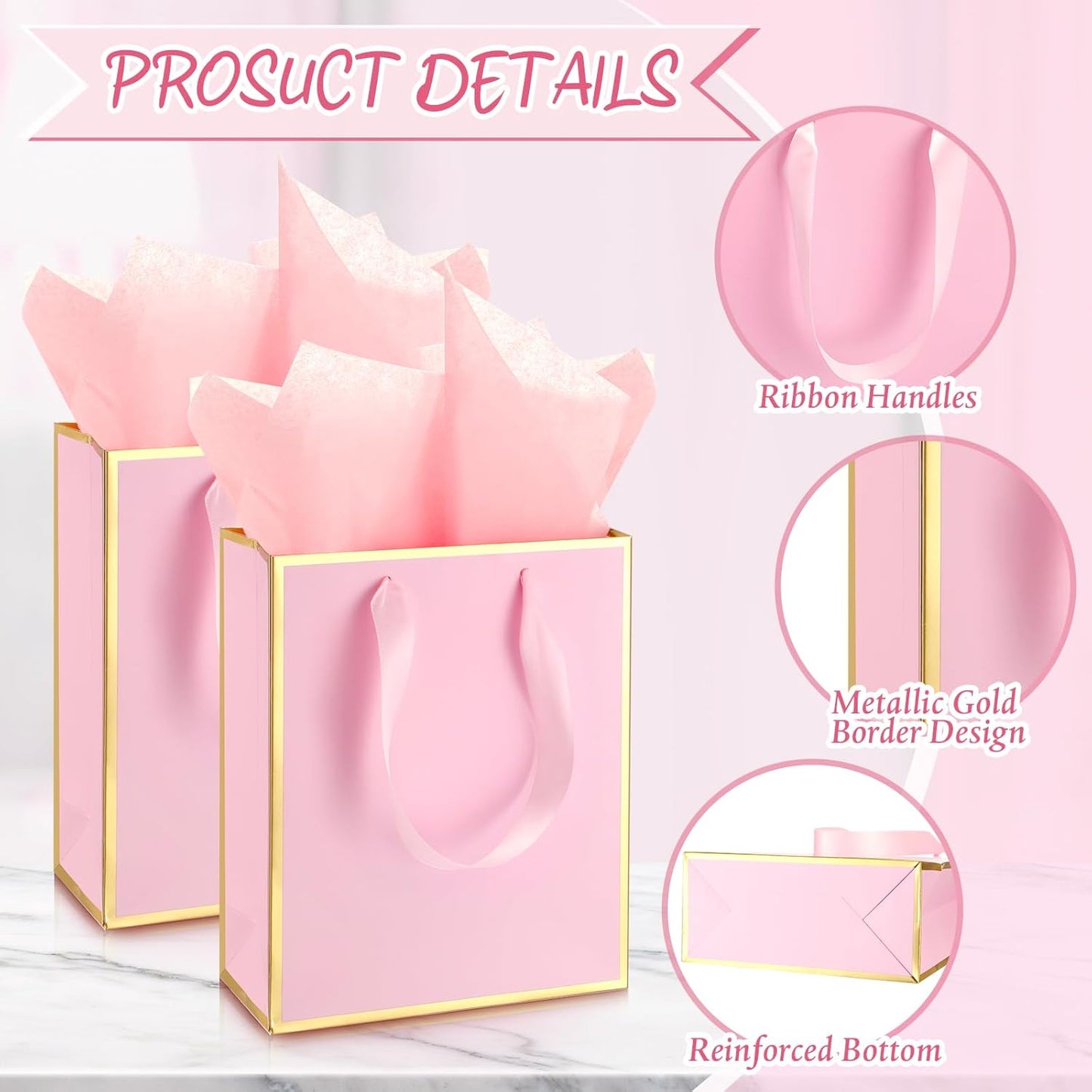 24 Pack Metallic Paper Gift Bags with Handle and Tissue 9x7x3.1 Gold Foil Welcome Thank You Favor Bags Return Gifts for Wedding Graduation Bridesmaid Groomsmen Birthday(Pink Gold)