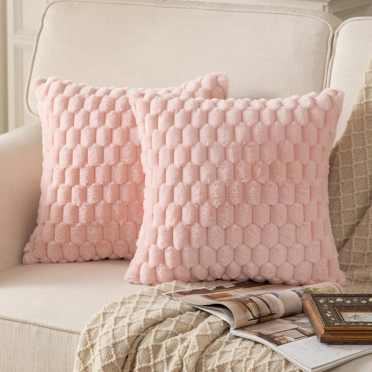 Pack of 2 Pink Super Soft Plush Fluffy Decorative Throw Pillow Covers 18x18 inch Faux Fur Wool Velvet Cushion Covers Pillow Cases Couch Sofa Bed Living Room