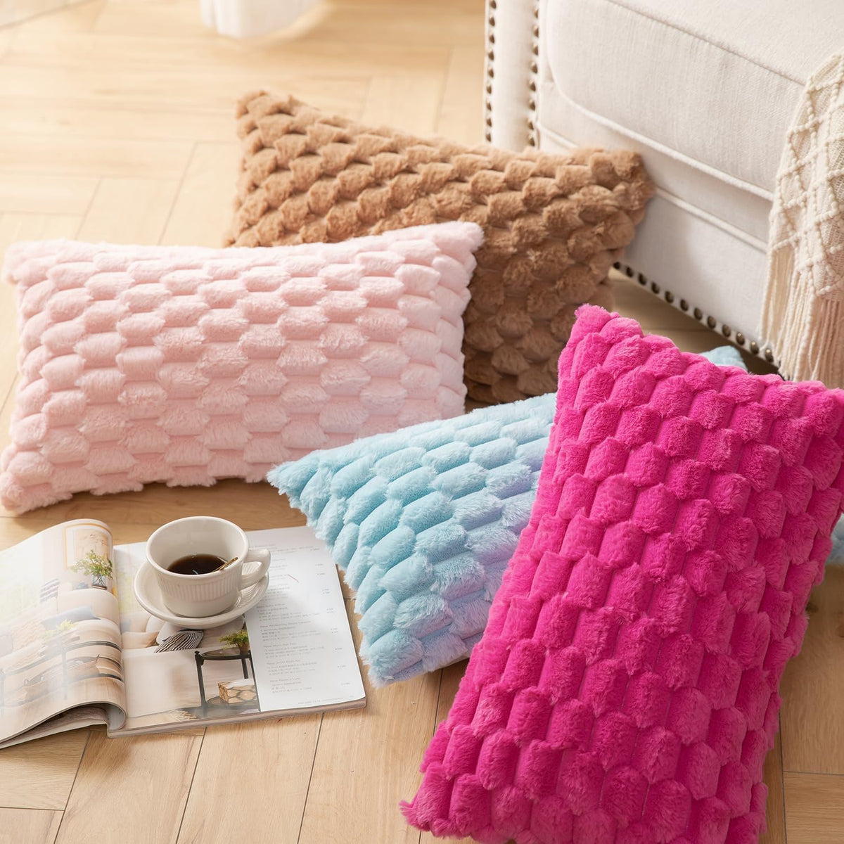 Pack of 2 Pink Super Soft Plush Fluffy Decorative Throw Pillow Covers 18x18 inch Faux Fur Wool Velvet Cushion Covers Pillow Cases Couch Sofa Bed Living Room