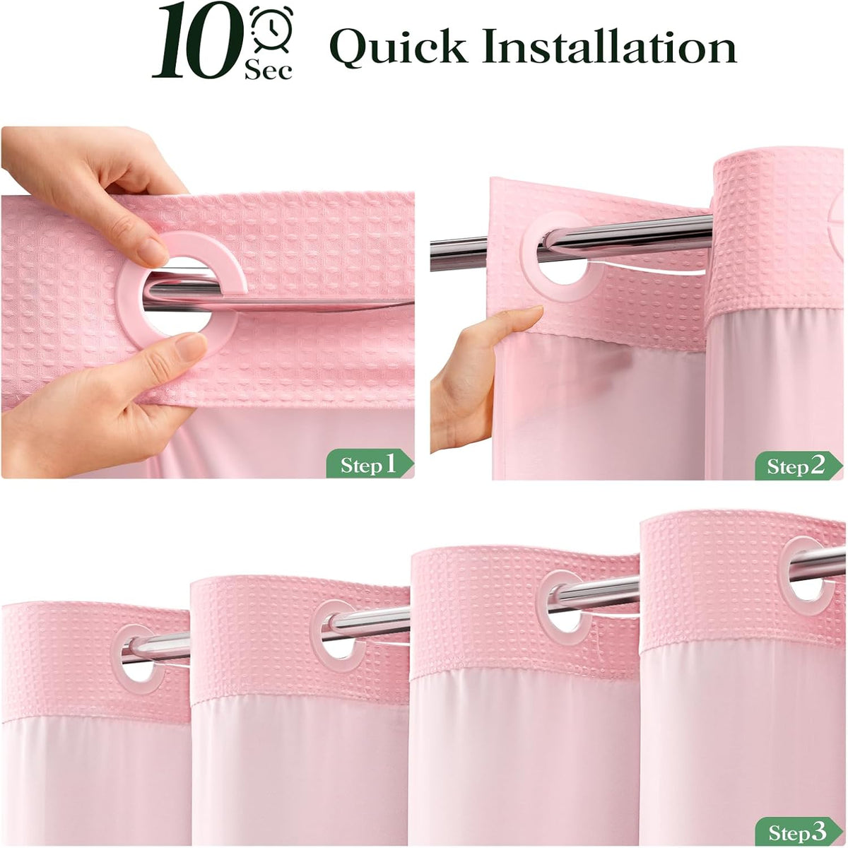Ringless Waffle Weave Fabric Shower Curtain Set, Pink, 72"x75"