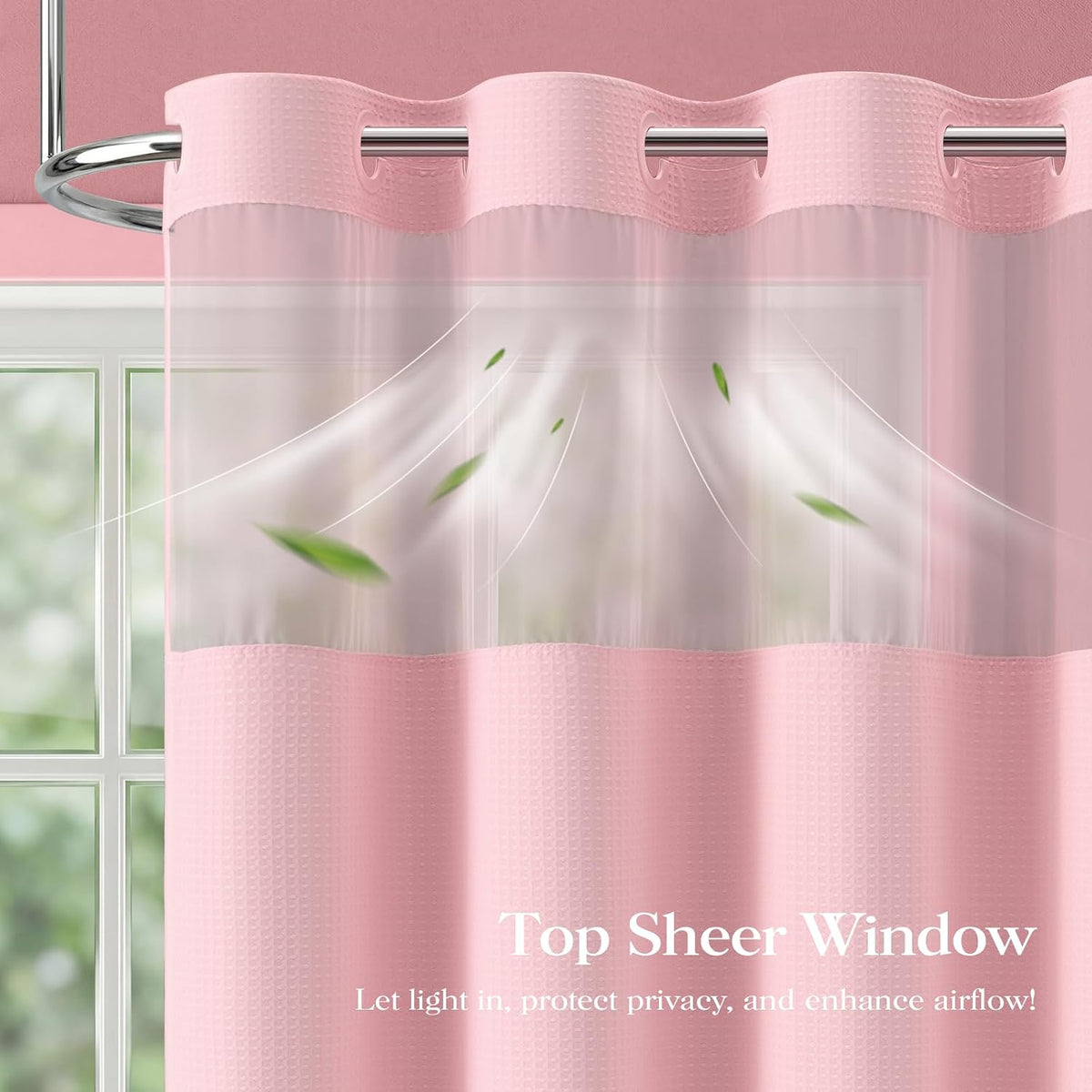 Ringless Waffle Weave Fabric Shower Curtain Set, Pink, 72"x75"