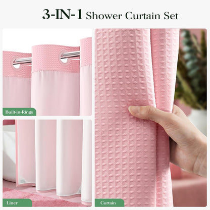 Ringless Waffle Weave Fabric Shower Curtain Set, Pink, 72"x75"