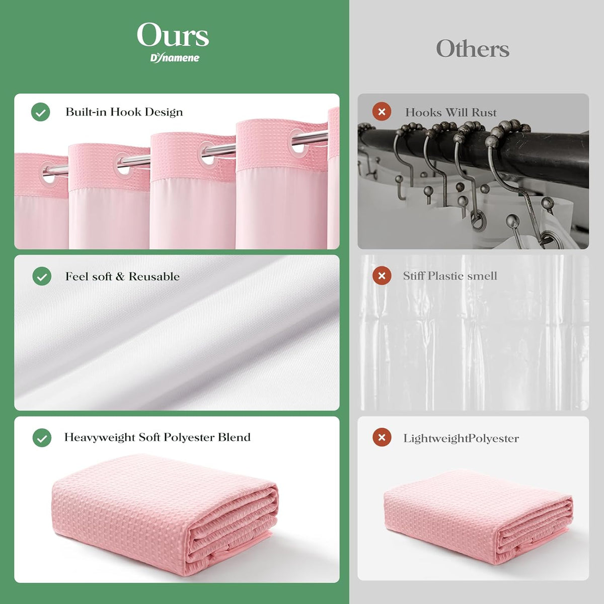 Ringless Waffle Weave Fabric Shower Curtain Set, Pink, 72"x75"