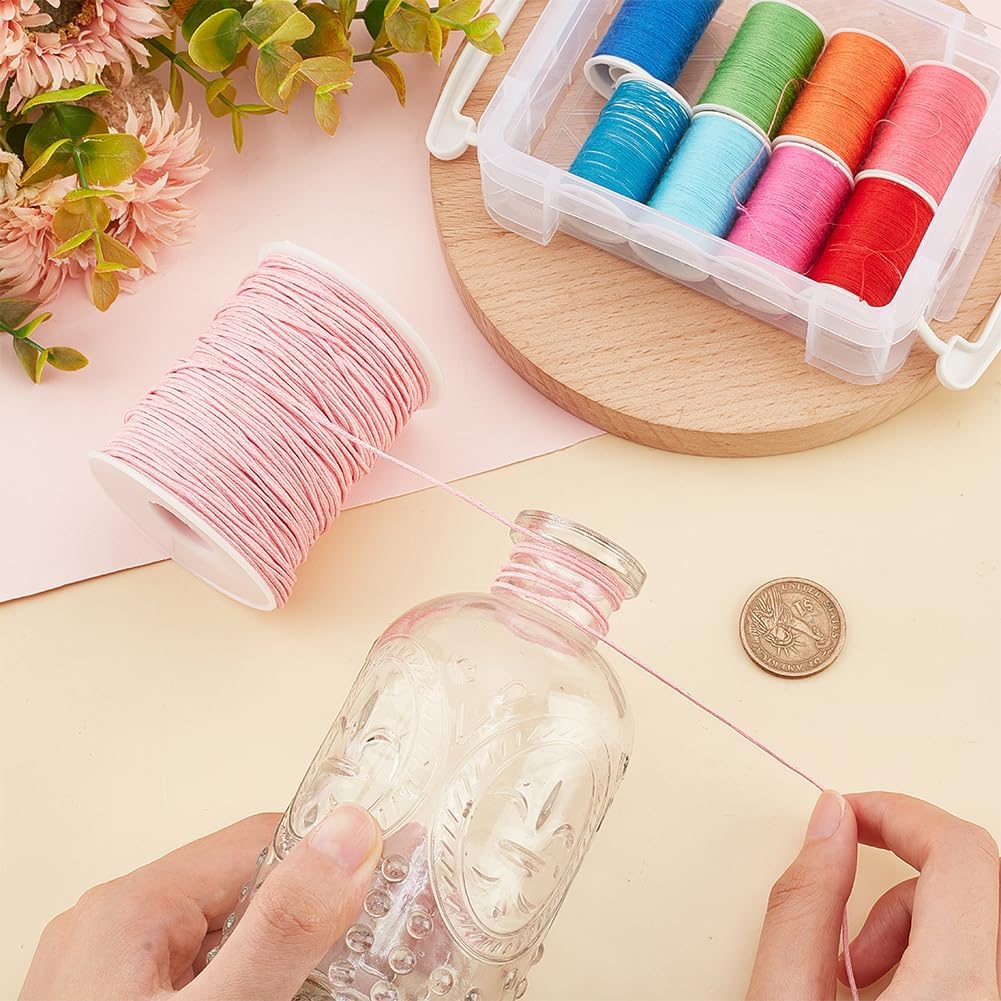 PandaHall 1 Roll 1mm 100 Yards Waxed Cotton Cord Thread Beading String for Jewelry Making Crafting Beading Macrame Pink